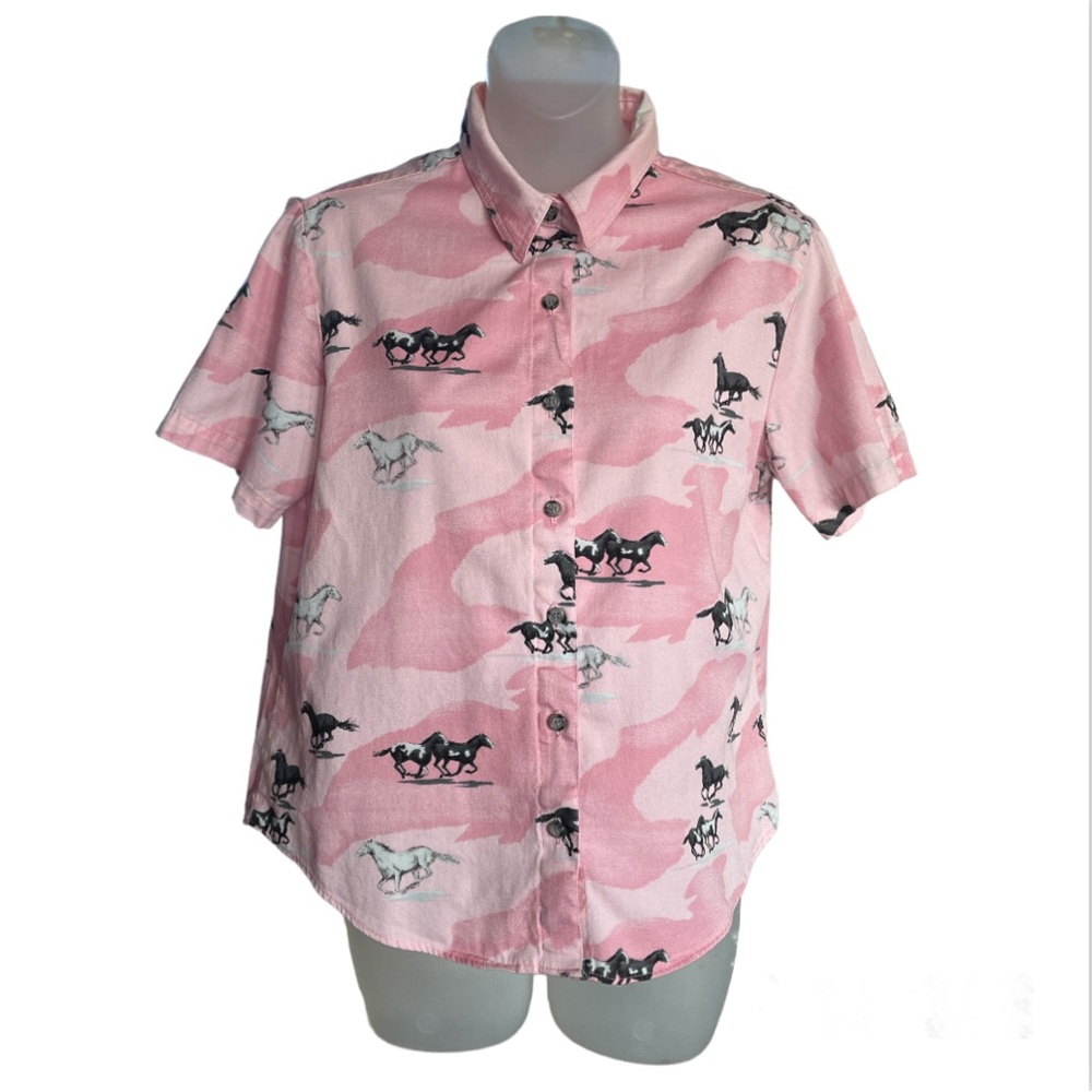 Rough Rider Women’s Vintage Camouflage Short Sleeve Top with Horse Print Med